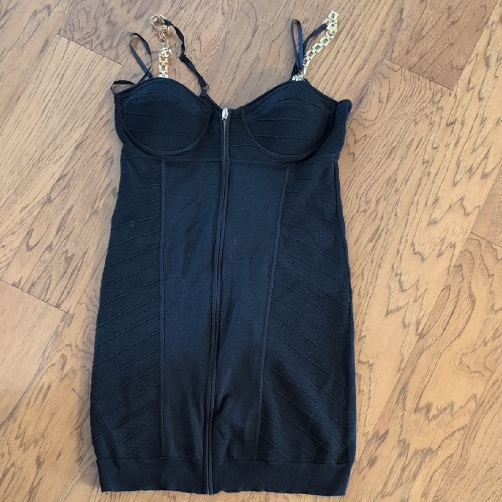 Bebe Black Dress with Gold Accents
